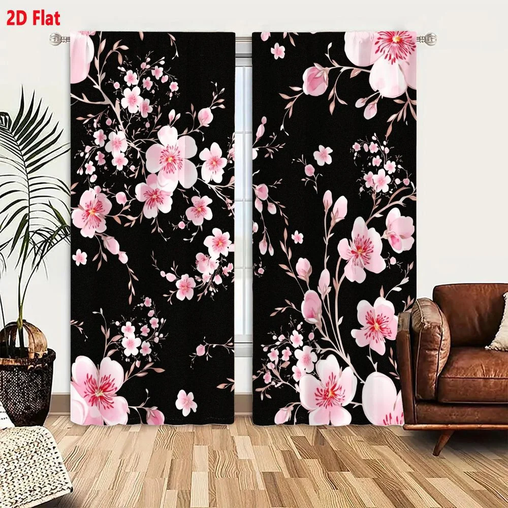 2Pcs Curtains Seamless Floral Pattern With Soft Pink Blossoms On Black Background For Textiles Wallpaper And Stationery Window D