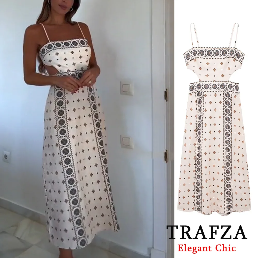 

TRAFZA Vintage Print Long Dress Women's Spaghetti Strap Backless Dress New 2024 Summer Fashion Holiday Beach Party Date Dress