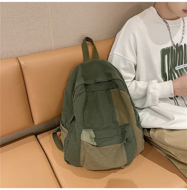 Contrast Color Block Canvas Backpack Large Capacity Casual School Travel Rucksack for Student Daily Use