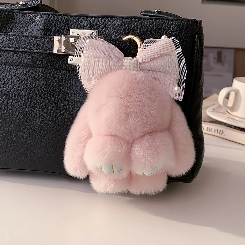 لطيف أفخم الأرنب المفاتيح مع Bowknot وهمية الأرنب الفراء مفاتيح السيارة حقيبة سحر رائعتين الأذن المرنة الأرنب قلادة للنساء