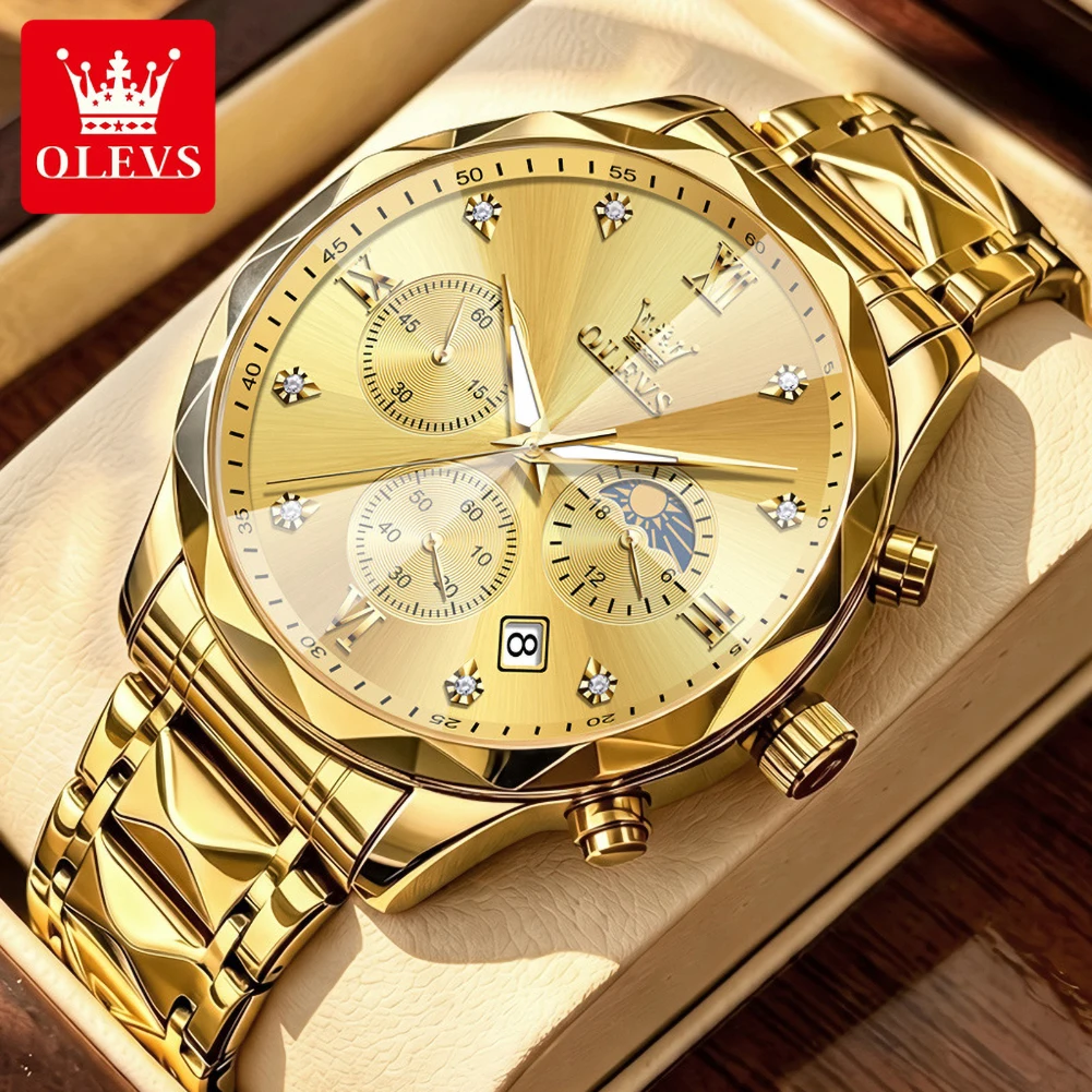 OLEVS 2730 Quartz Movement Watch For Men Multi-functional Diamond Dial 24-hour Moon Phase Calendar Window Luminous Watch