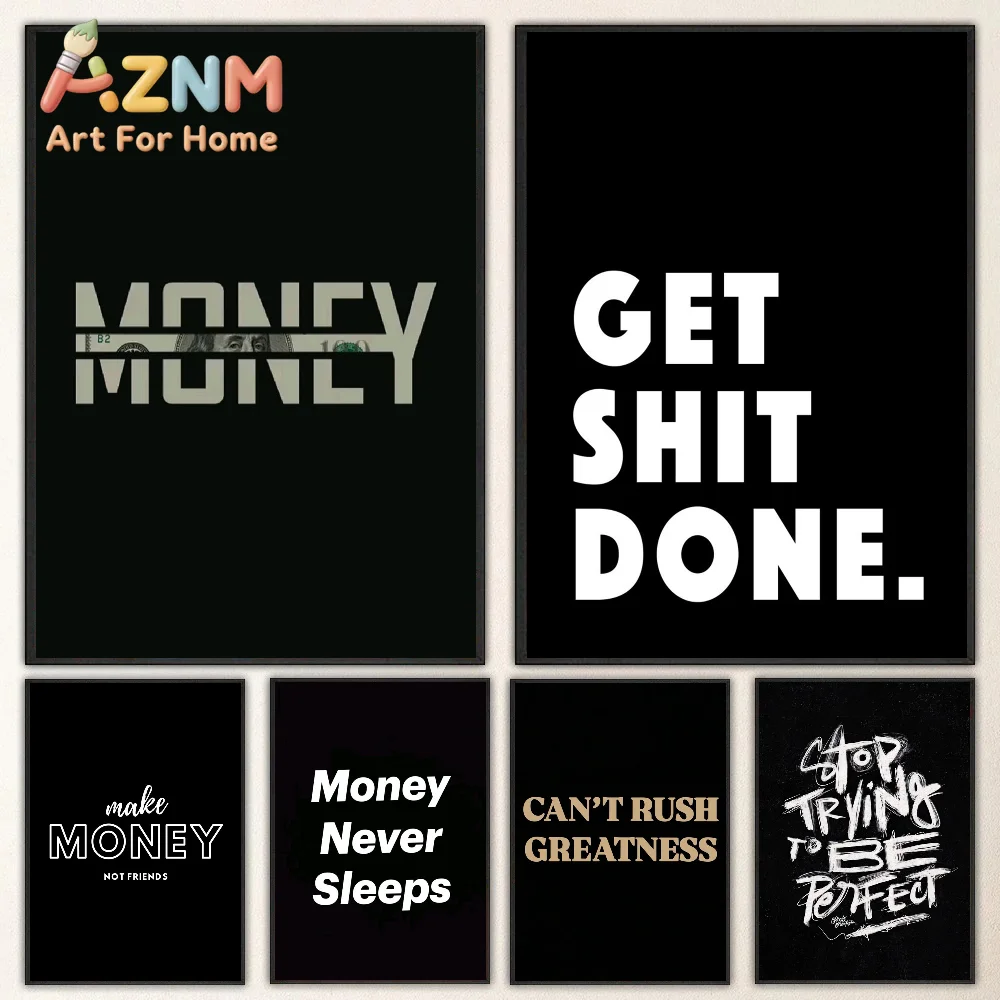1pc Money Never Sleeps Motivational Poster Self-adhesive Art Waterproof Paper Sticker Coffee House Bar Room Wall Decor