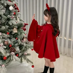 Girls Cloak Coat Jacket Winter Cotton Windbreak 2023 Red Warm Plus Thicken Furs Overcoat Christmas Children's Clothing