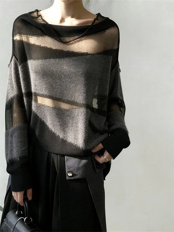 

Korean Sle Color Blo See tough Knitted Sweater Women's Spring New Loose Fit Breathable Long Sve round Ne Top