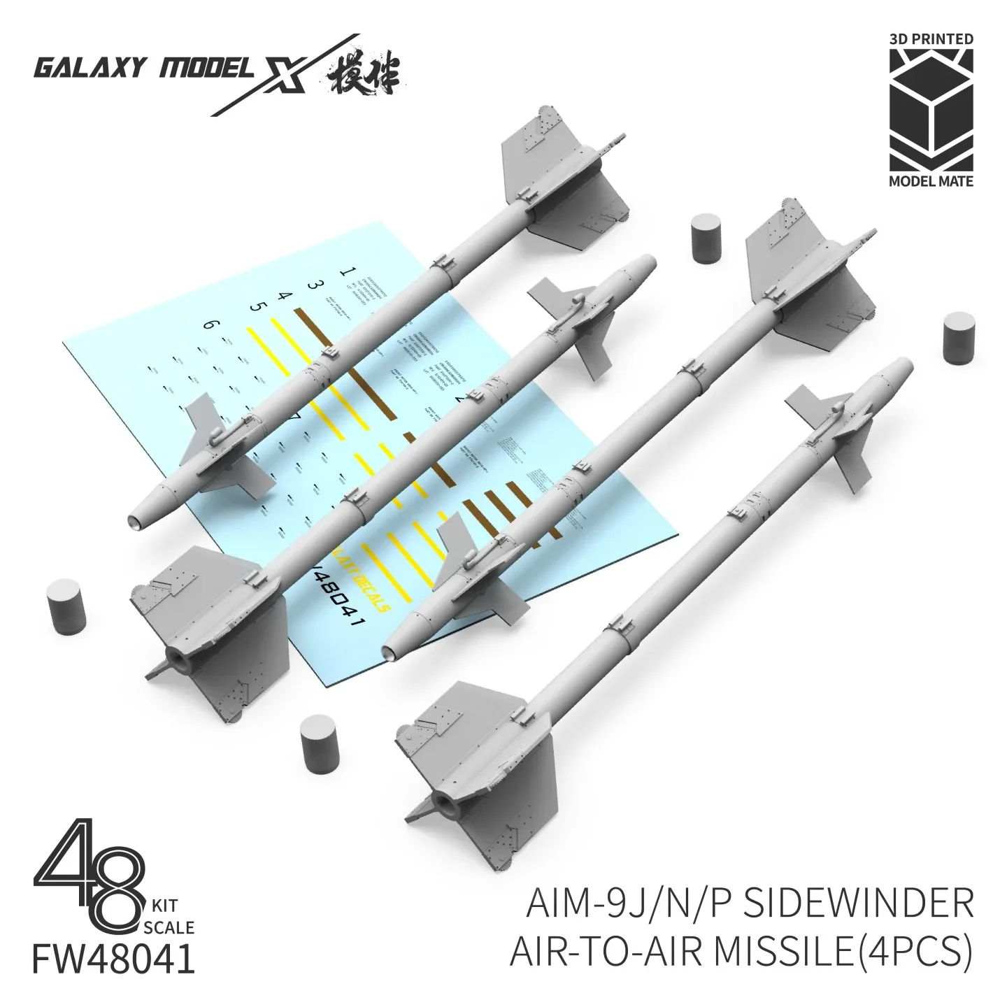 갤럭시 FW48036~FW48043 1/48 스케일 AIM-9A/B 사이드와인더 공대공 미사일(4개) 3D 레진 프린트 군사 모델 취미 DIY 제작
