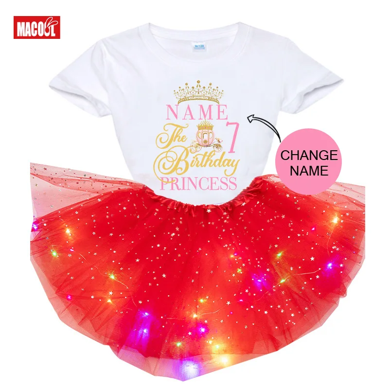 

Girls Birthday Princess Shirt Crown Carriage T Shirt Girls Toddlers Baby Party Tutu Outfits Light Dress+tshirt Dress Custom Name