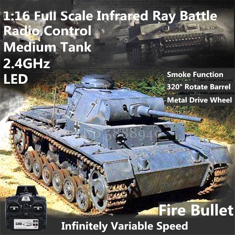 1:16 Metal Launch Bullet Battle Wireless Control Tank 320° Rotate Turret Sound Effect Lighting Barrel Up&Down Simulation RC Tank