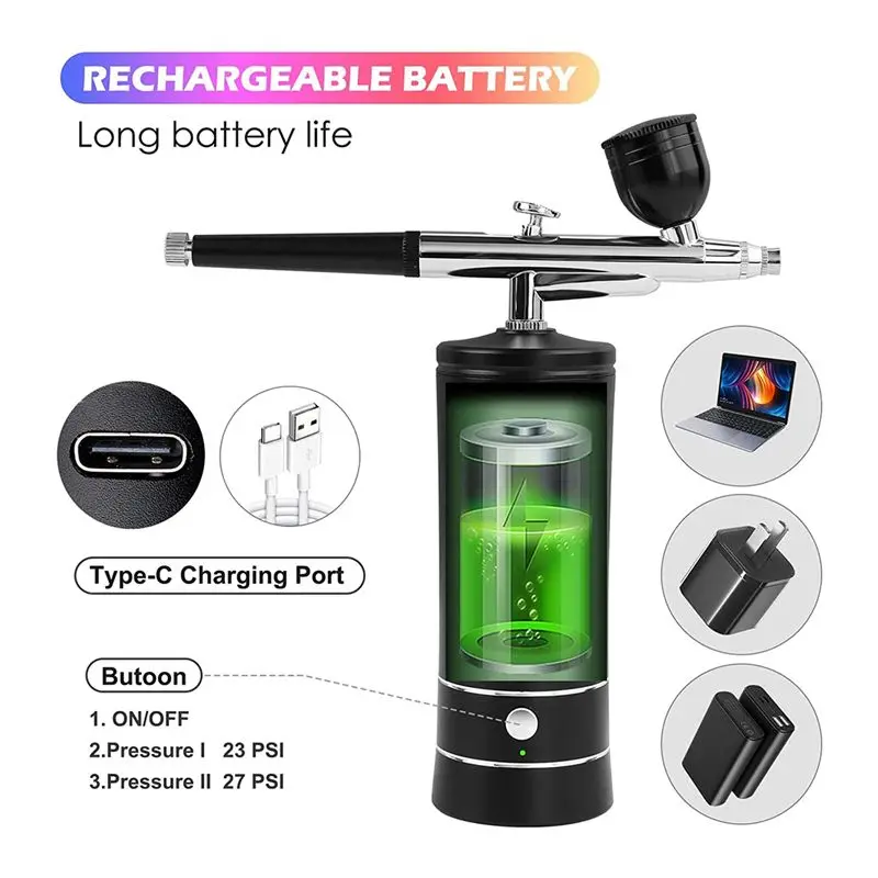 AT21-Air Brush Nail Oxygen Injector Mini Air Compressor Kit Paint Sprayer For Art Tattoo Craft Cake Nano Fog Mist