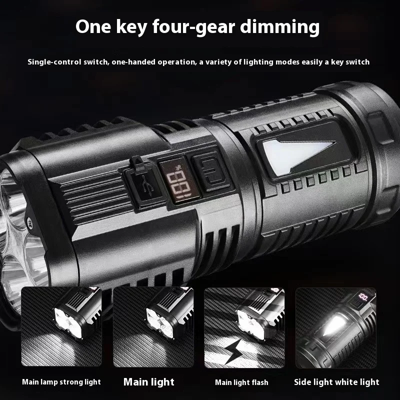

4LED High Power Flashlight With COB Light Super Bright Floodlight USB Rechargeable Type-c Flashlights Camping Fishing Lamp Torch