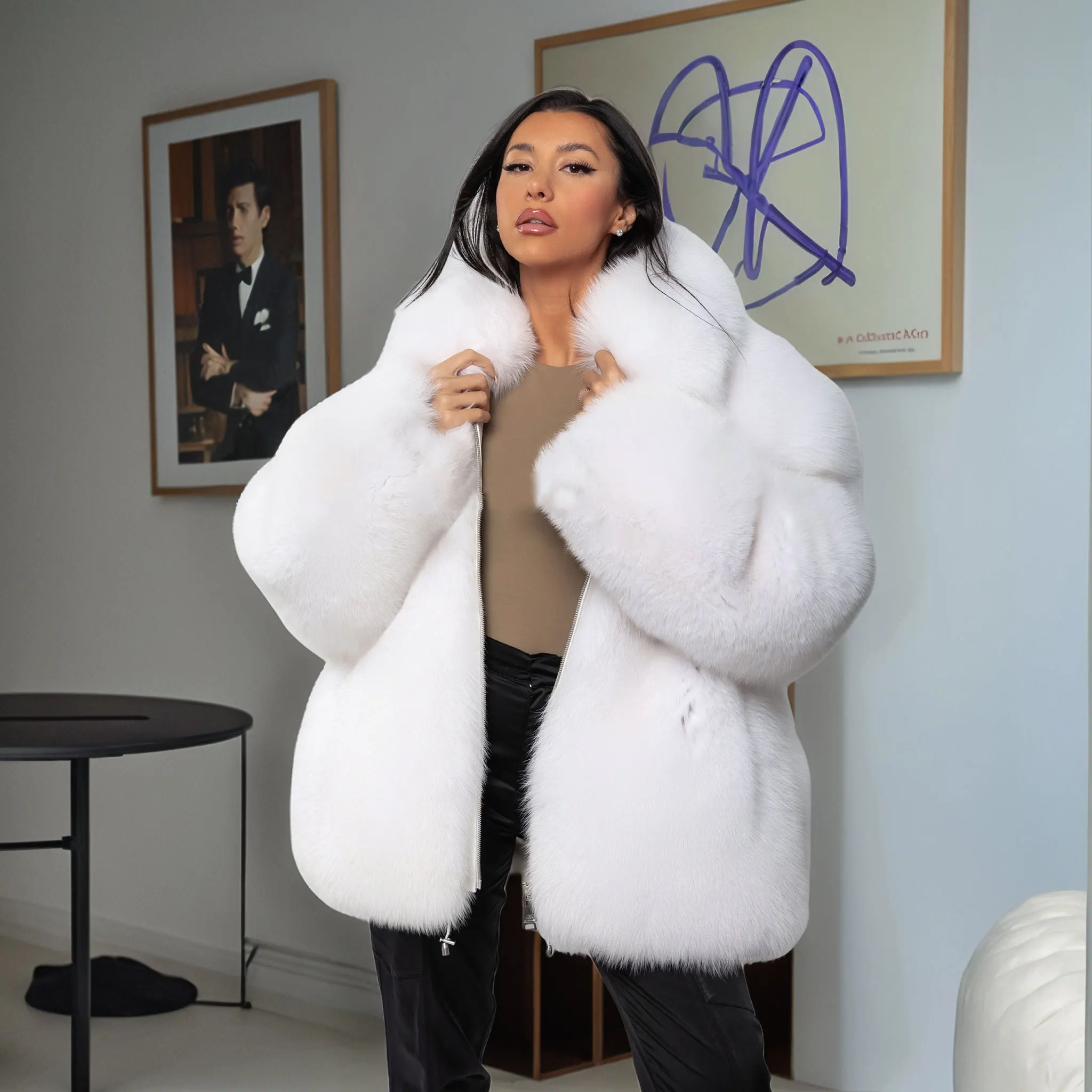 Luxury Women Real White Fox Fur Coat Winter Natural Fur Fluffy Warm Jacket Female Fashion Solid Genuine Fox Fur Thick Outwear