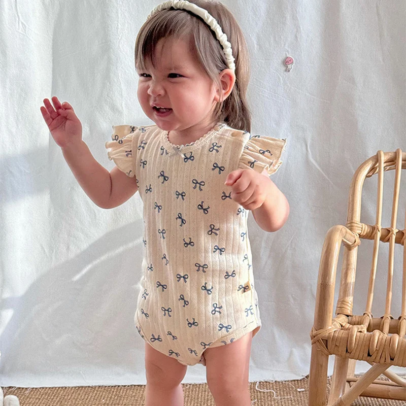 2026 New Summer 0-24M Baby Girl Clothing Korean Style Climbing Suit Flying Sleeve Cotton Print Toddler Baby Girls Jumpsuit