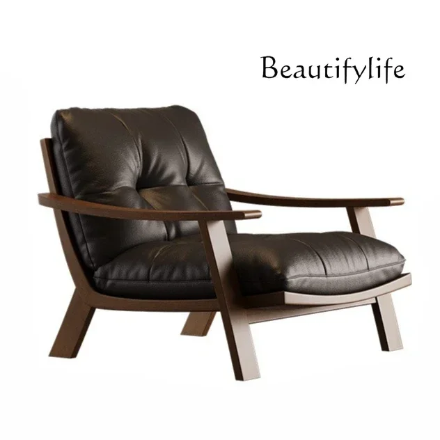 hh Medieval solid wood leisure chair retro Maillard leather single sofa living room balcony light luxury lazy sofa