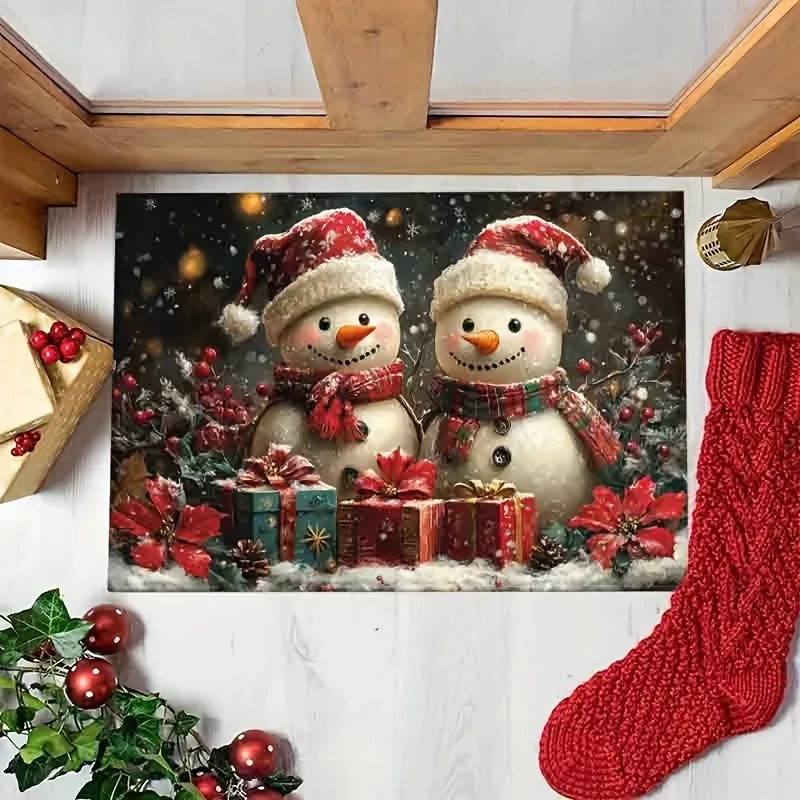 Christmas Flannel Door Mat Two Cute Snowmen Santa Gift Poinsettia Pine Cone Print Non‑Slip Floor Rug Indoor Entry Holiday Decor