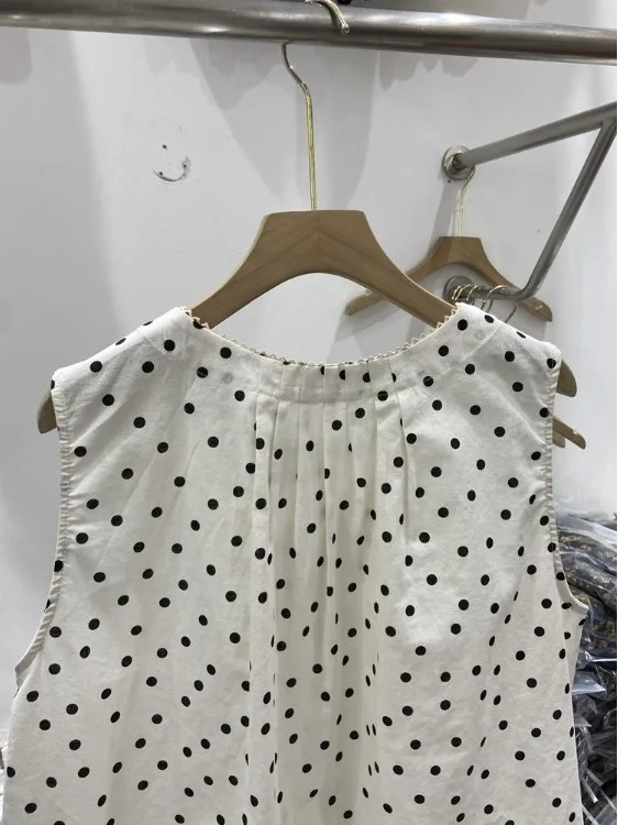 캐주얼 코튼 린넨 민소매 라운드넥 물방울 무늬 여성용 루즈핏 데일리 셔츠 여름 2025 신상 우아한 스몰 사이즈 상의