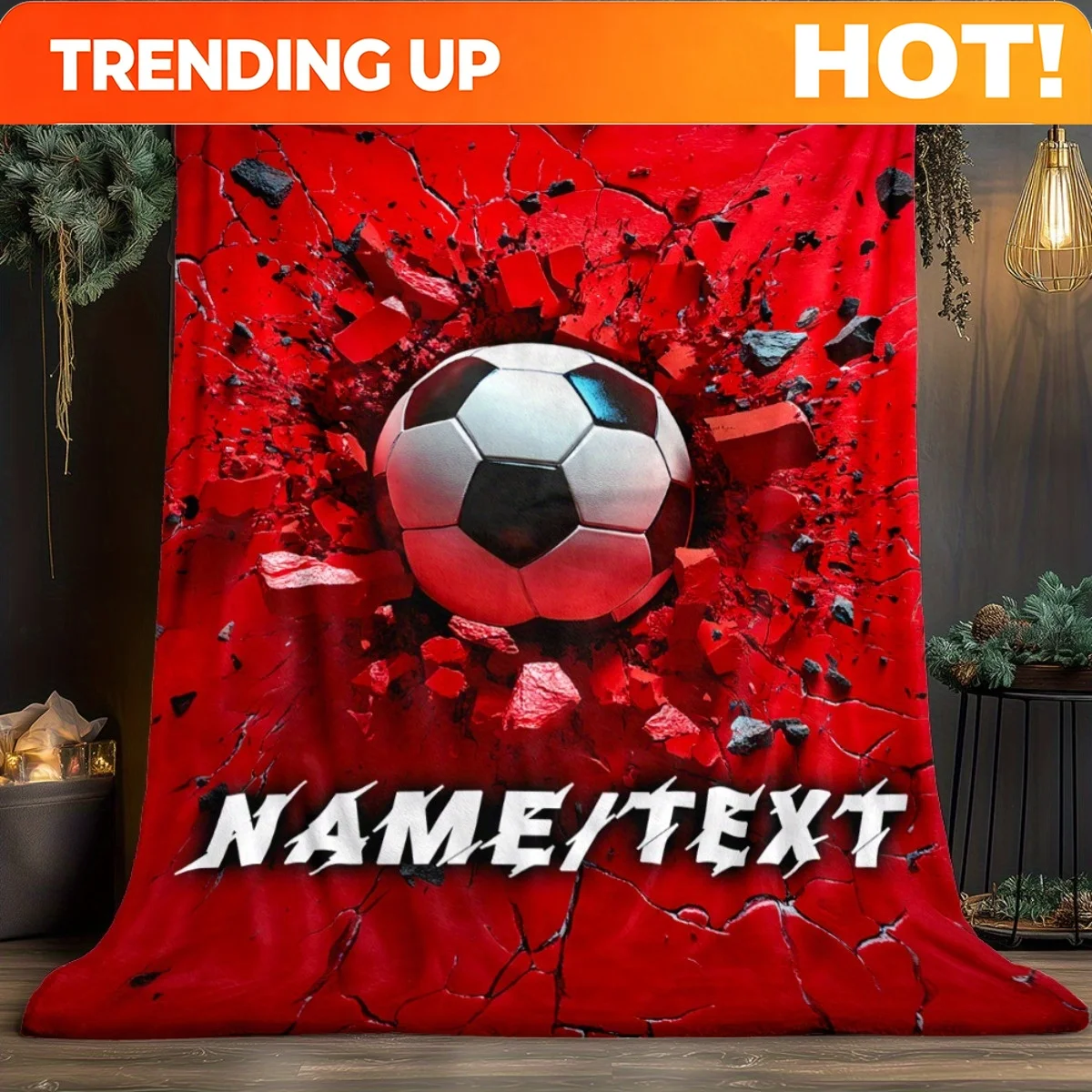 Customize 1pc Custom Name Soccer Ball on Red Blanket-Lightweight Flannel Home Furnishings Bedding Blanket Suitable for Sofas Bed