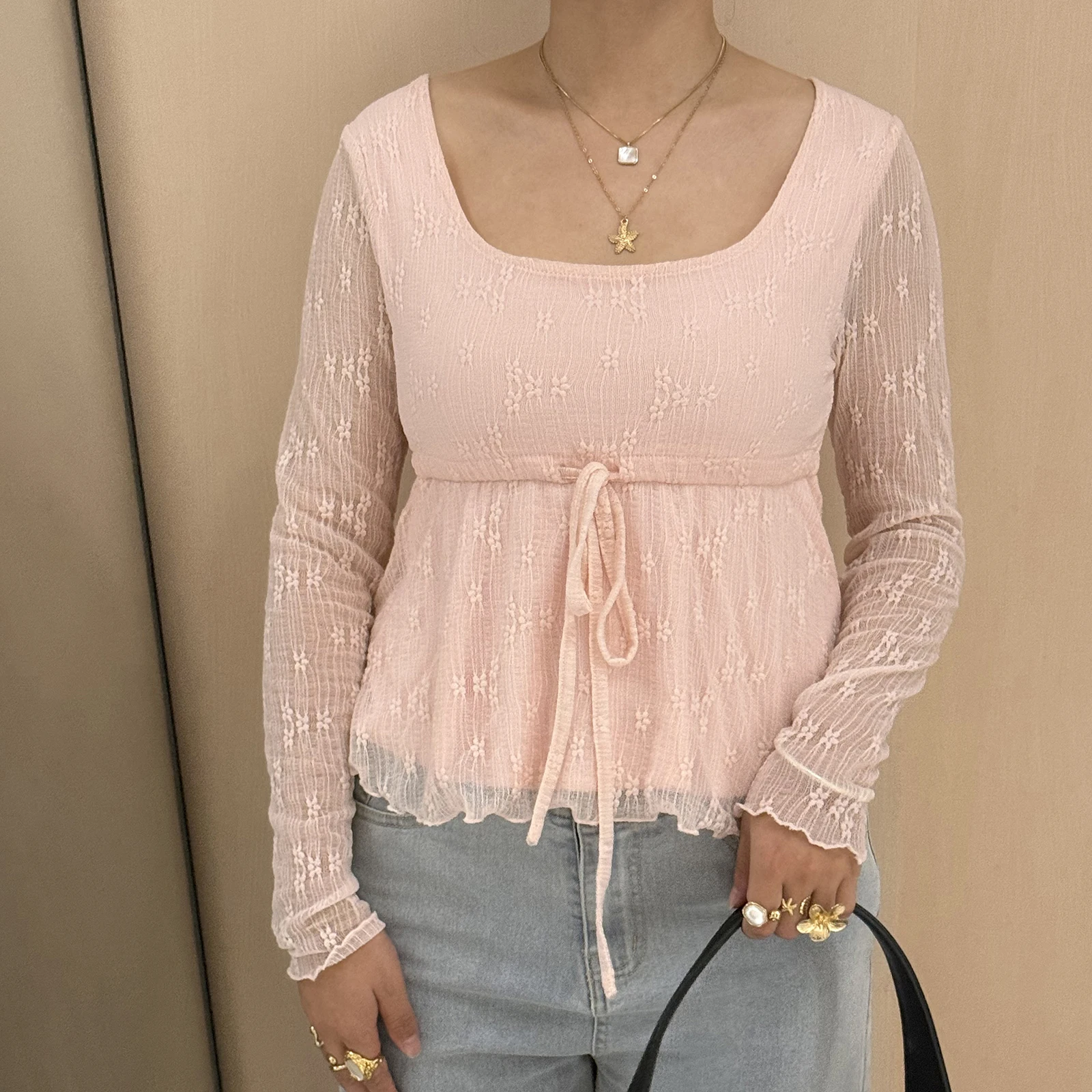 

Women’s Tie-up Front Tops Shirt Elegant Ladies Long Sleeve Square Neck Slim Fit Ruffle Shirts Spring Fall Blouses Streetwear
