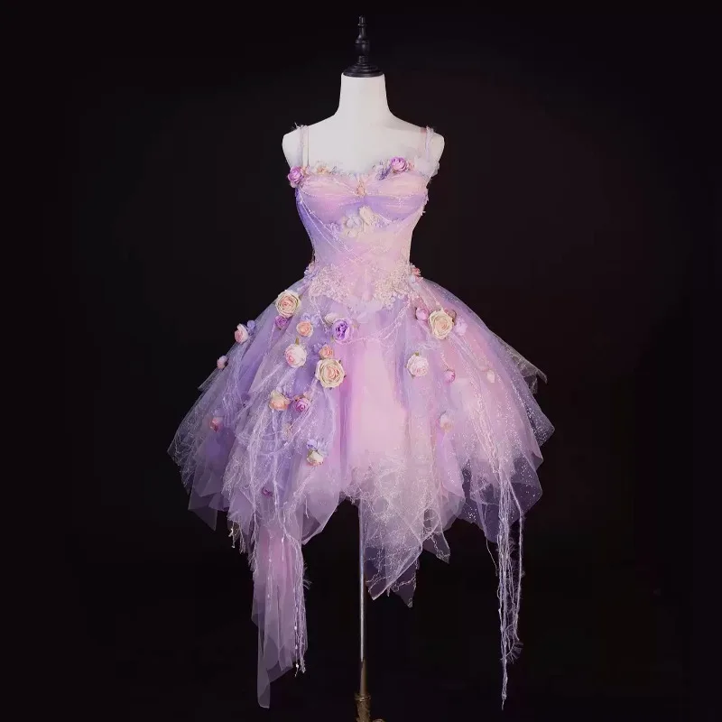 Pink Purple Flower Fairy Tulle Dress Set, Handmade Shimmer Irregular Skirt, Without Accessories, EDM Concert Stage Gown S-XL