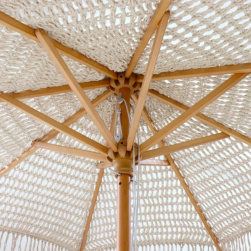 2.5m Beach Beige Natural Wood Pole and Ribs Hand Garden Handwoven Umbrella Parasol Patio Umbrella