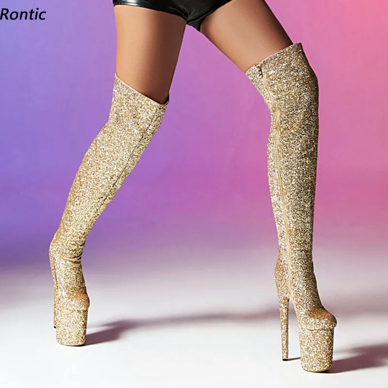 

Rontic Women Winter Over The Knee Boots Ultra High Heels Round Toe Pretty Silver Gold Cat Walk Shoes Ladies US Size 4-10.5