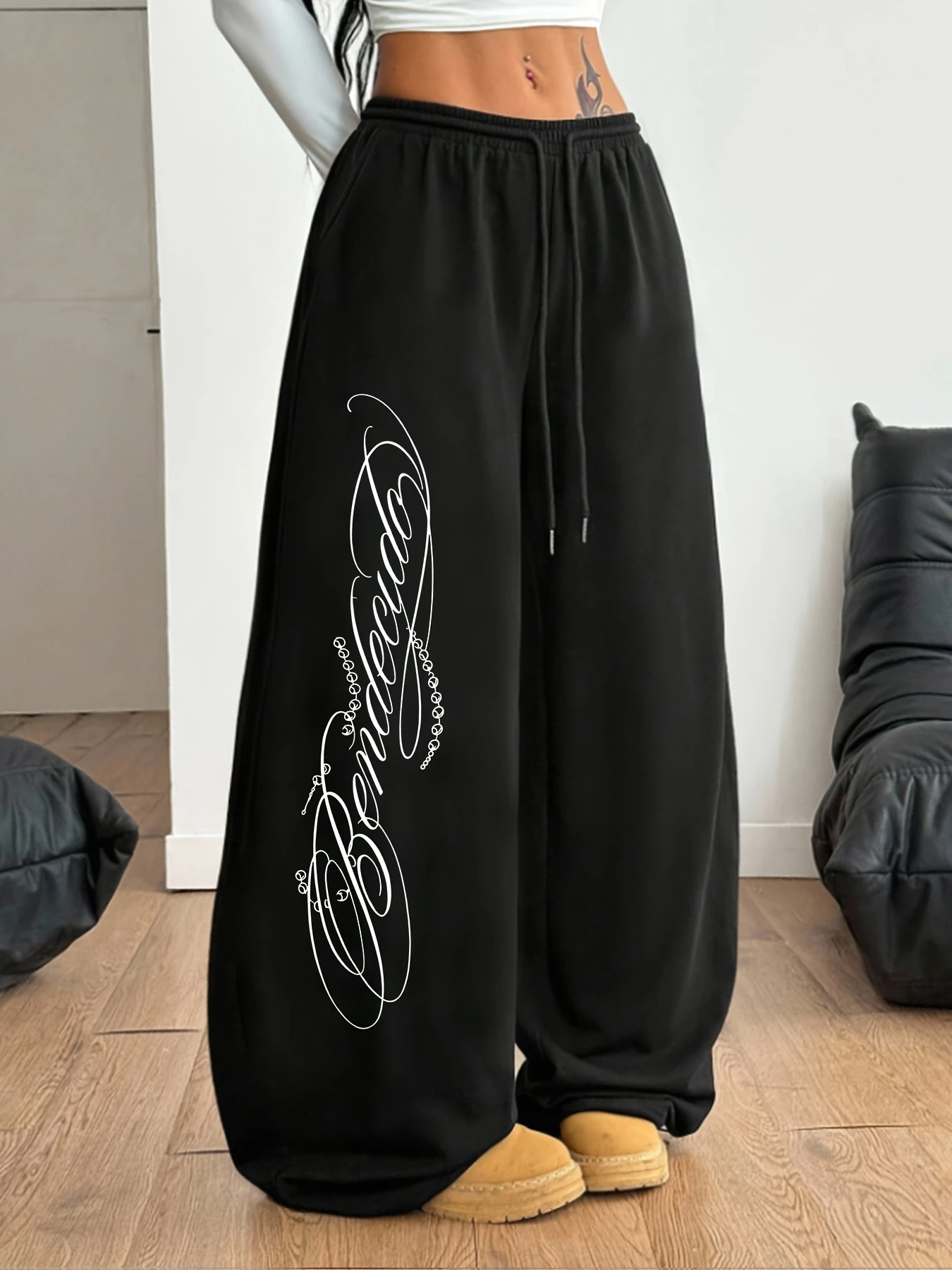 Women's High-Waisted Wide-Leg Sweatpants - Vintage Floral Cursive Letter Print, Adjustable Drawstring Waist