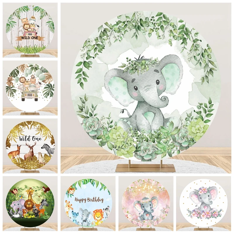 Jungle Wild Animal Baby Shower Round Backdrop Cover Elephant Safari Party Newborn Birthday Circle Photography Background