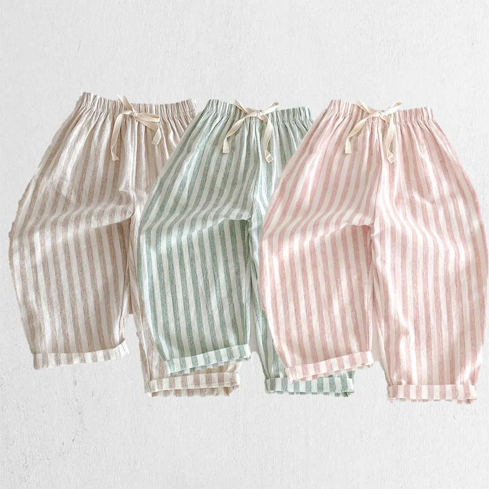 Sommer Mädchen Lockere Gestreifte Freizeithose Baby Mädchen Vintage Taschen Leinen Baumwolle Harlan-Hose Kinder Outdoor-Hose Kinderkleidung