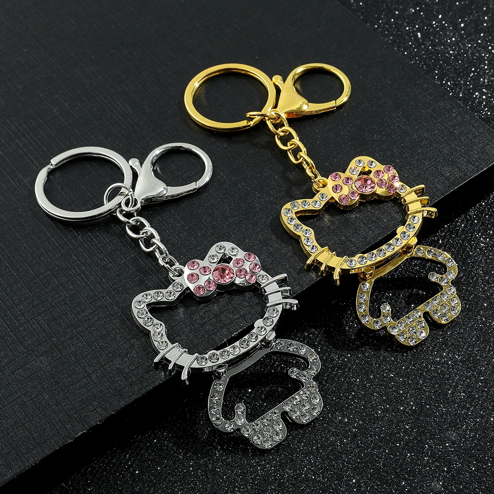 Sanrio Cartoon Kawaii My Melody Hello Kitty Rhinestone Cute Car Keychain Metal Bag Pendant Keychain Ring For Women Gifts