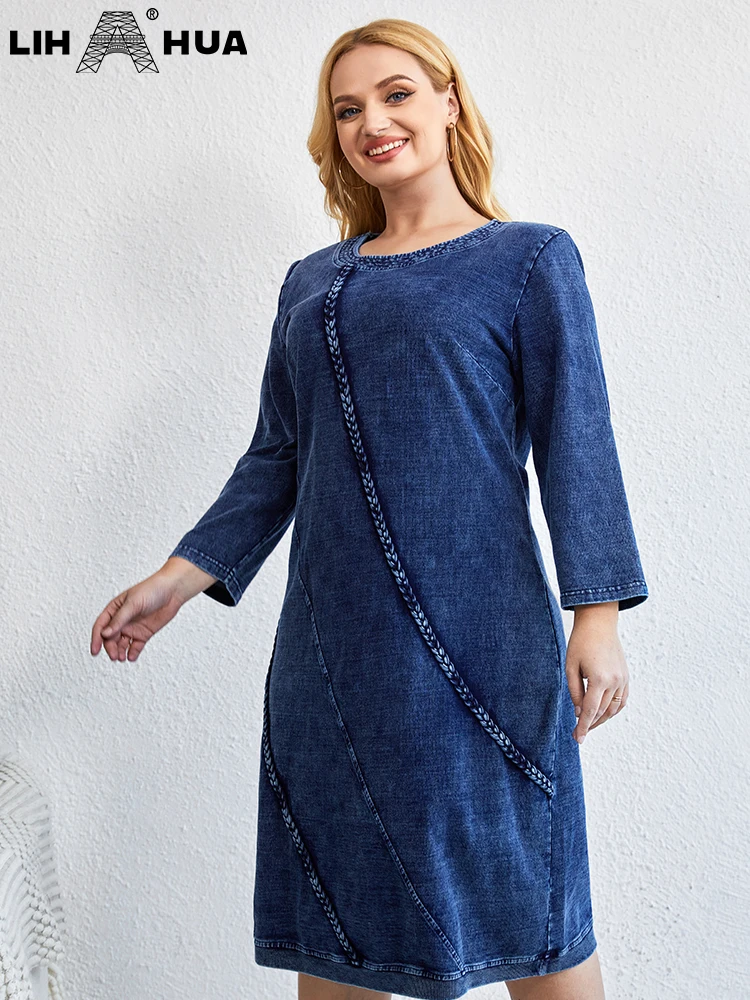 LIH HUA Women\'s Plus Size Denim Dress Autumn Chic Elegant Dresses For Chubby Women Cotton Knitted Round Neck Dress