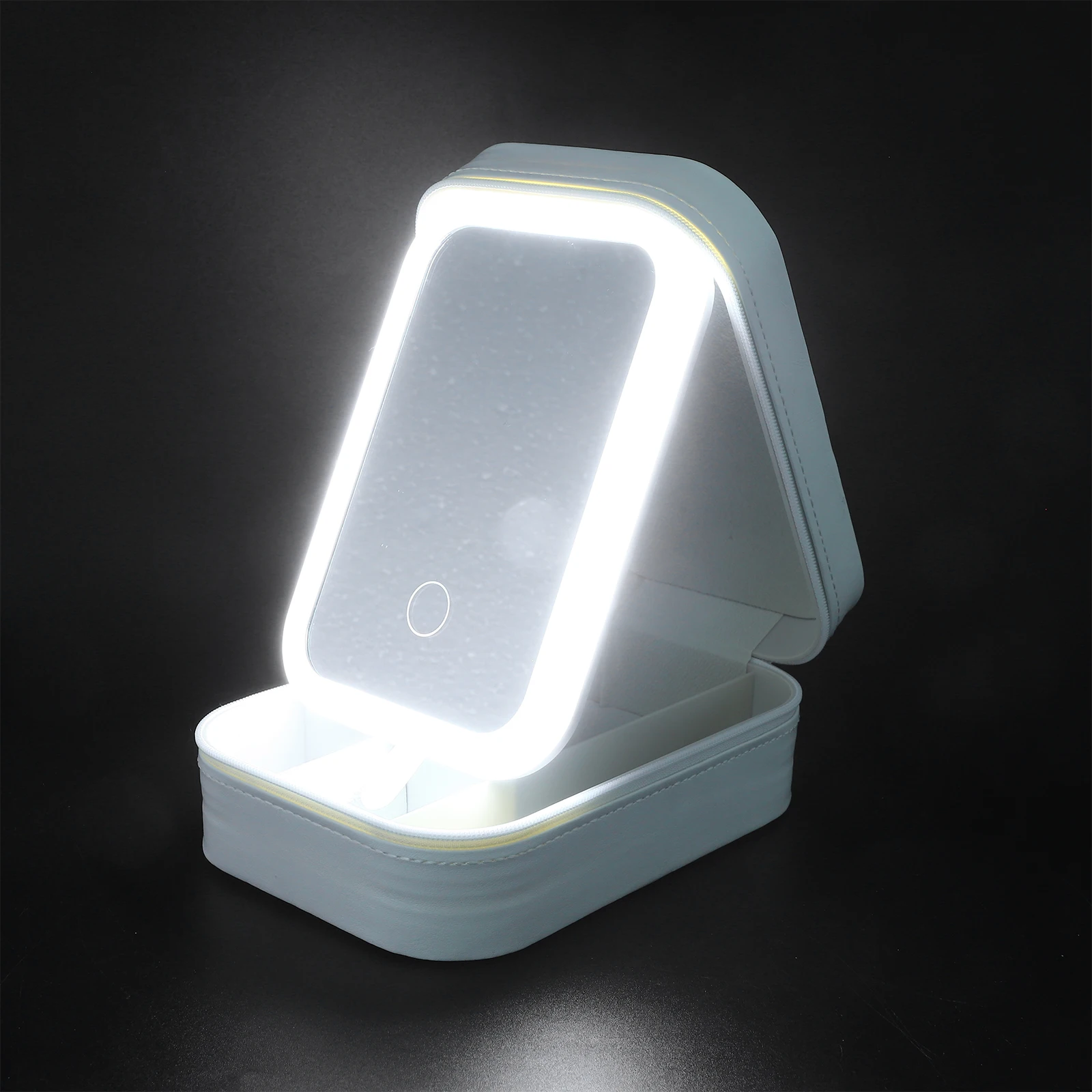 

Cream White Box with Lighted Mirror Traveling Organizer Small Travel Makeup Organizer Portable Case Small Vanity Table