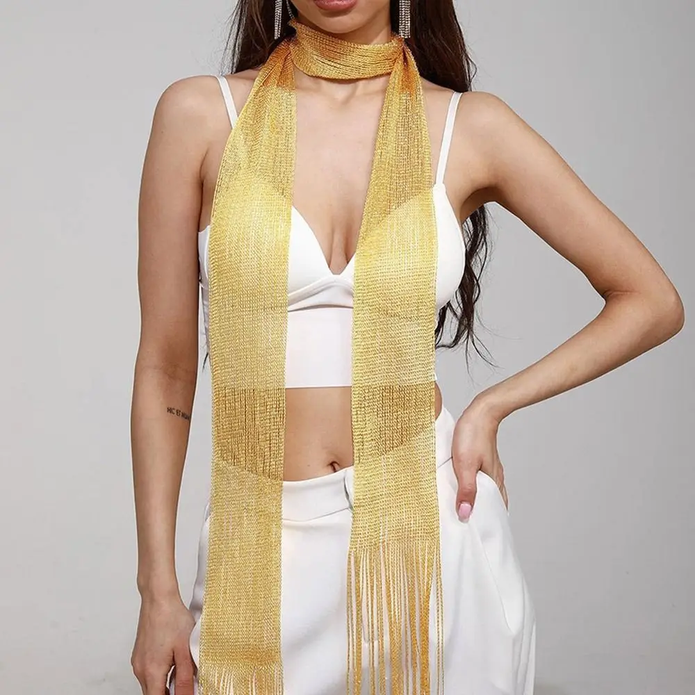 Fashion Nightclub Gold Silver Bright Silk Sunscreen Shawl Shiny Necklace For Women Lace Tassel Party Evening Dress Scarf
