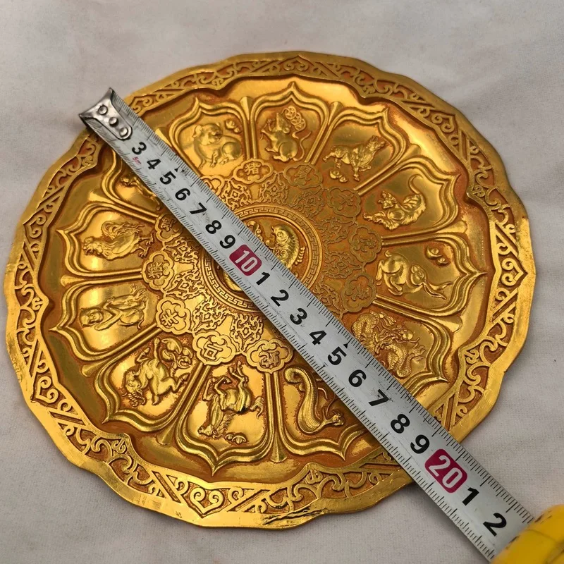 Gilt copper relief plate with the twelve zodiac signs, dish, home decoration ornament