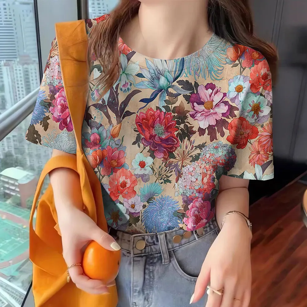 Women's T-shirt Summer Crew Neck Fashion Casual Short Sleeve Vintage Flower Print Top Loose Comfortable Half Sleeve T-shirt