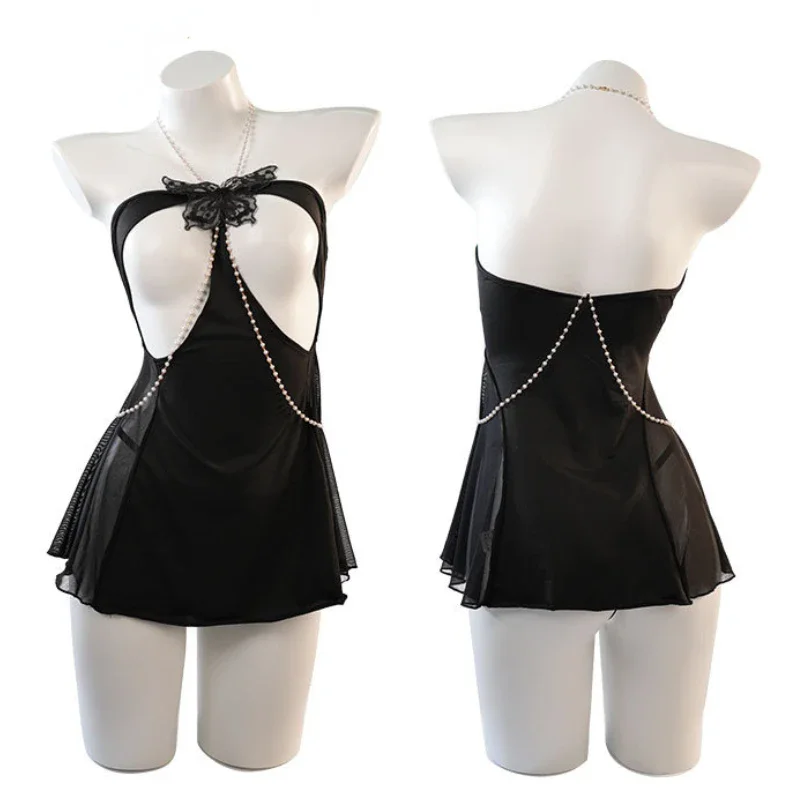 Hot Sell Sexy Butterfly Chest Hollow Mesh See Through Mini Nightdress Pearl Chain Women Underwear Role Play Lingerie Nightgown
