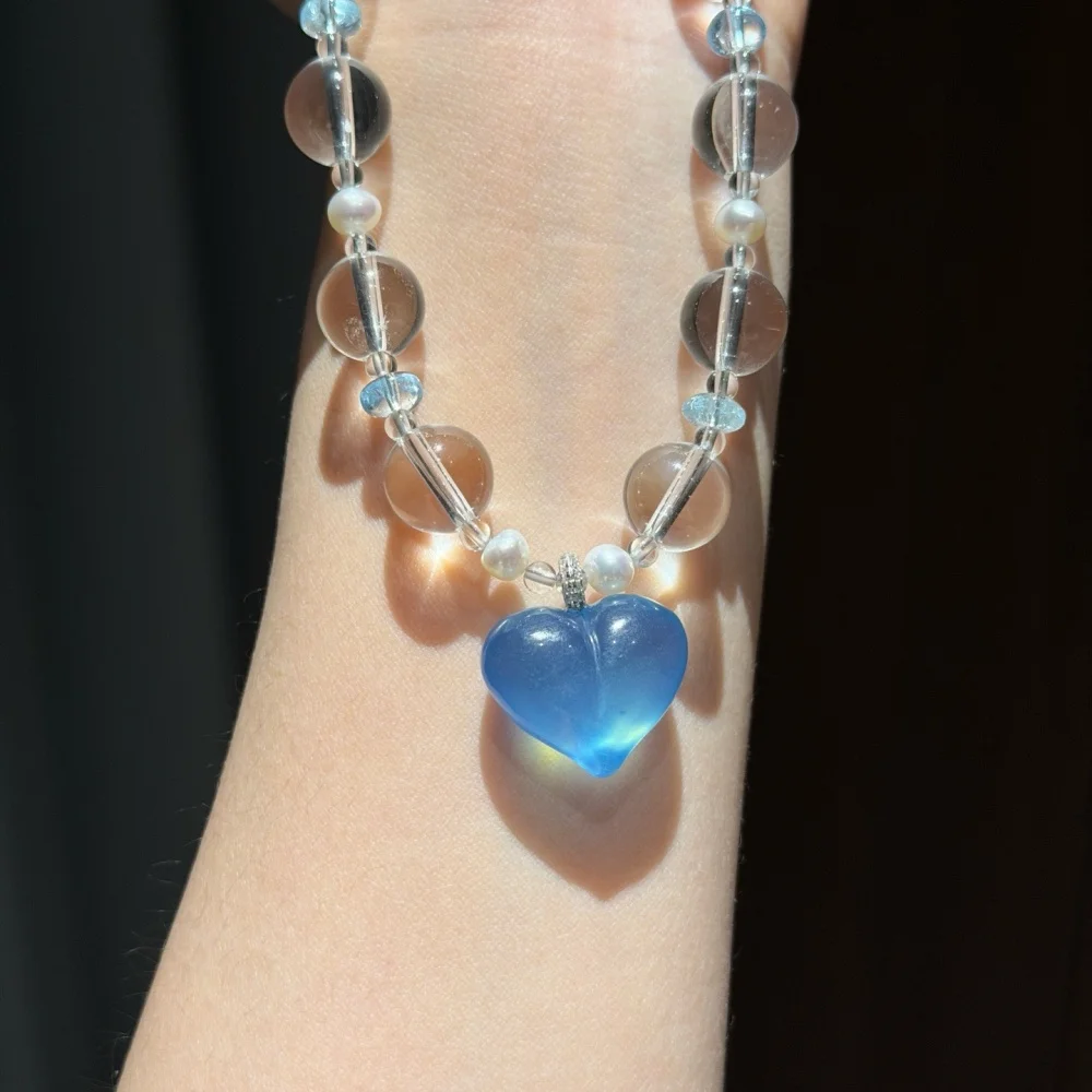 Natural Aquamarine Heart Necklace String Charms Handmade Fortune Energy Mineral Woman Amulet Jewelry Gift 1PCS