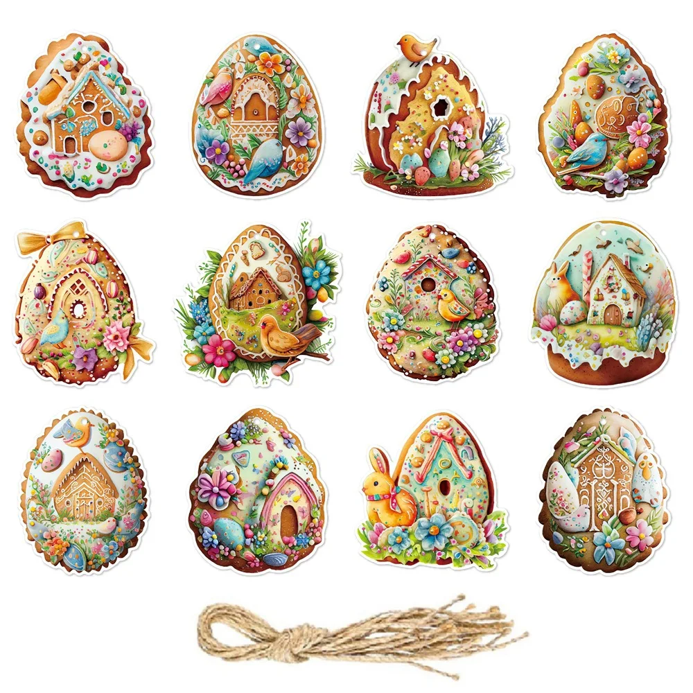 12pcs Easter Cartoon Rabbit Paperboard Hanging Tag Easter Egg Cute Bunny Chick Tree Pendant Happy Easter Party Decor for Home