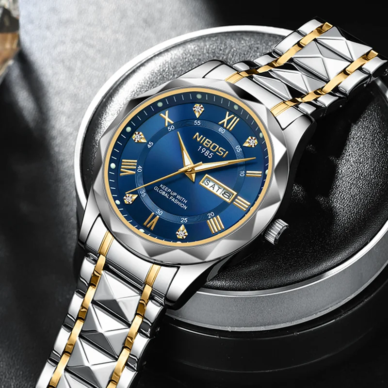 

NIBOSI Роскошные мужские наручные часы с датой недели, водонепроницаемые светящиеся спортивные часы из нержавеющей стали, модные мужские кварцевые часы Reloj, мужские часы