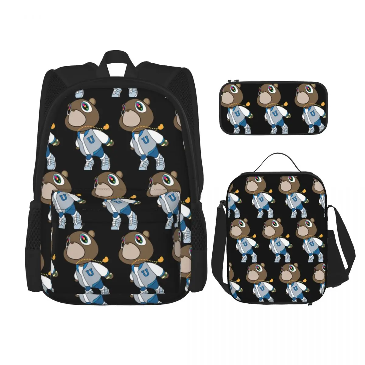 Kanye West Dropout Bear Chicago Vintage Graduation Backpacks Bookbag School Bags Rucksack Lunch Bag Pen Bag Three-Piece Set