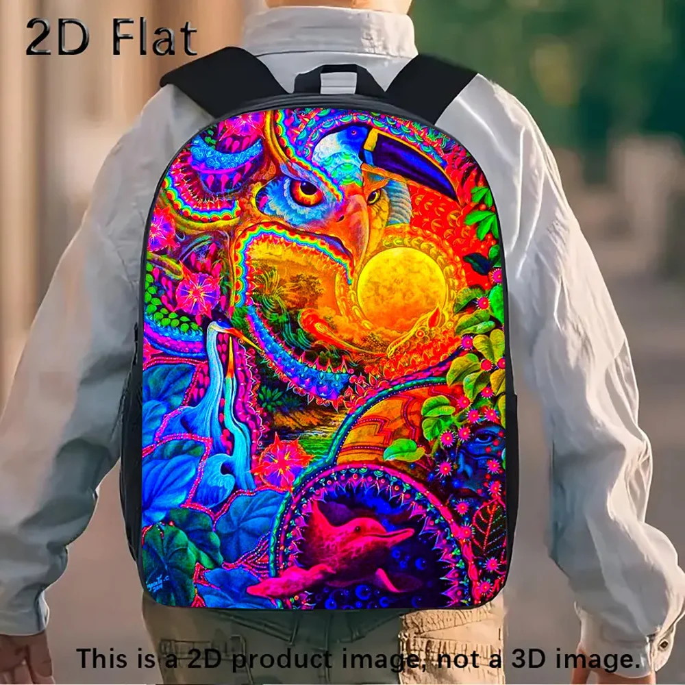 

1 boy psychedelic animal print backpack - large capacity 2D graphic design schoolbag, bright eagle and tropical fish pattern