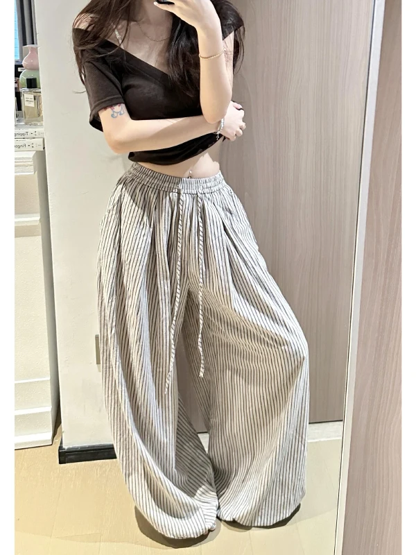 

Американские ретро-брюки с вертикальными полосками и завязками на талии, широкие, повседневные, женские, летние, тонкие, свободного кроя, с высокой талией, прямые штанины