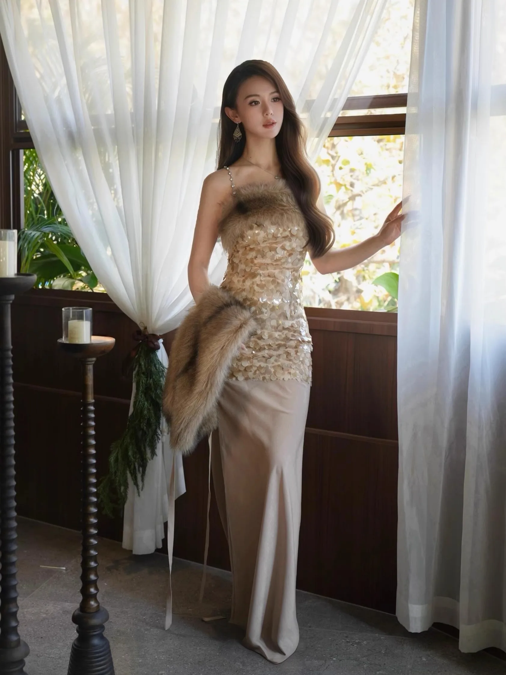 

Blingbling Sequin Decorated oulder Par Fur Wrap Birthday Toast Evening Gown Ele High Waist Zipper Long Dr