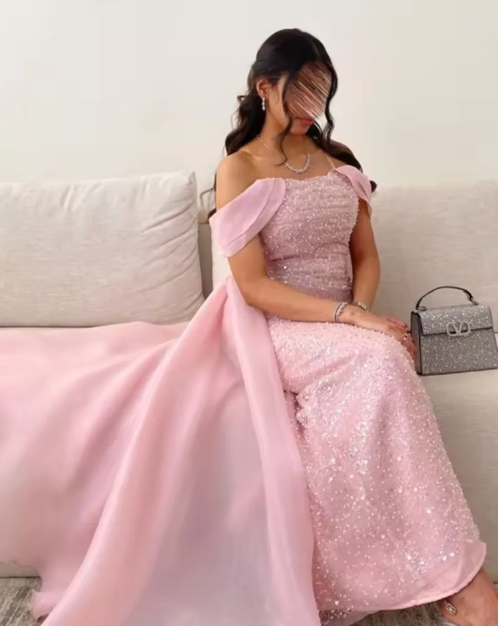 Pink Sequins Evening Dress Women Elegant Satin Off The Shoulder With Bow Bridal Formal Long Ball Gowns Trend Pageant Dress