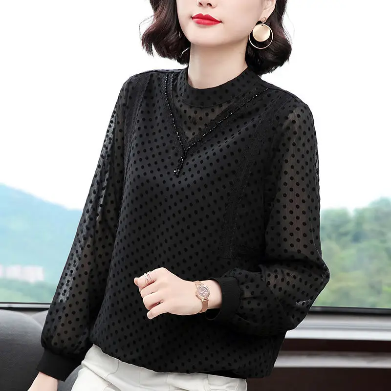 Commute Polka Dot Printed Blouse Fashion Beading Tassel Women\'s Clothing Lace Spliced Spring Autumn Casual Stand Collar Shirt