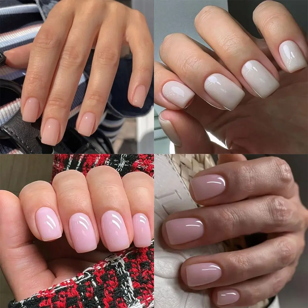 Fashion Solid Color Simple Style False Nail Square Shape Full Cover Press on Nails Medium Length Nude Pink Fake Nail Women