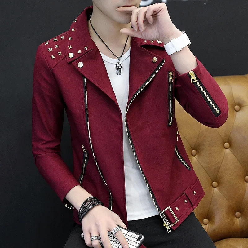 HOO 2024 Riveting Nail Cool Diagonal Zip Jacket Youth Popular Slim Autumn Lapel Jacket