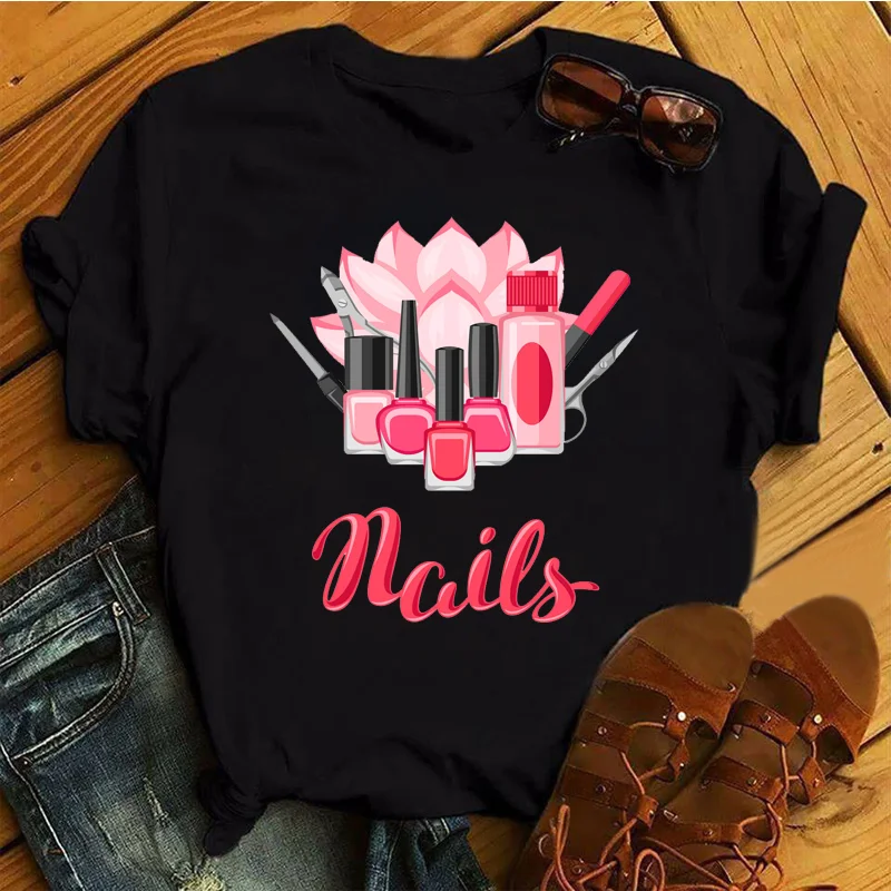 Women T Shirt Nail Oil Graphic Short Sleeve T-shirt Female Harajuku New Girls Black Fashion Woman Blouses 2022 y2k Clothes Tops