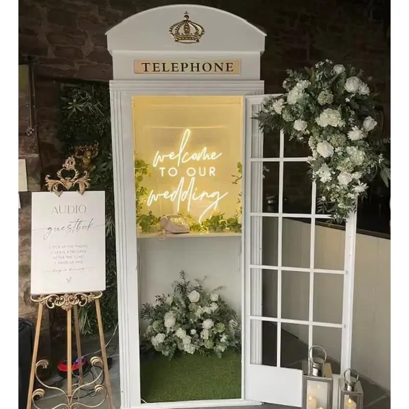 White Phone Booth with Audio Guestbook Neon Artificial Flowers Wedding Decoration