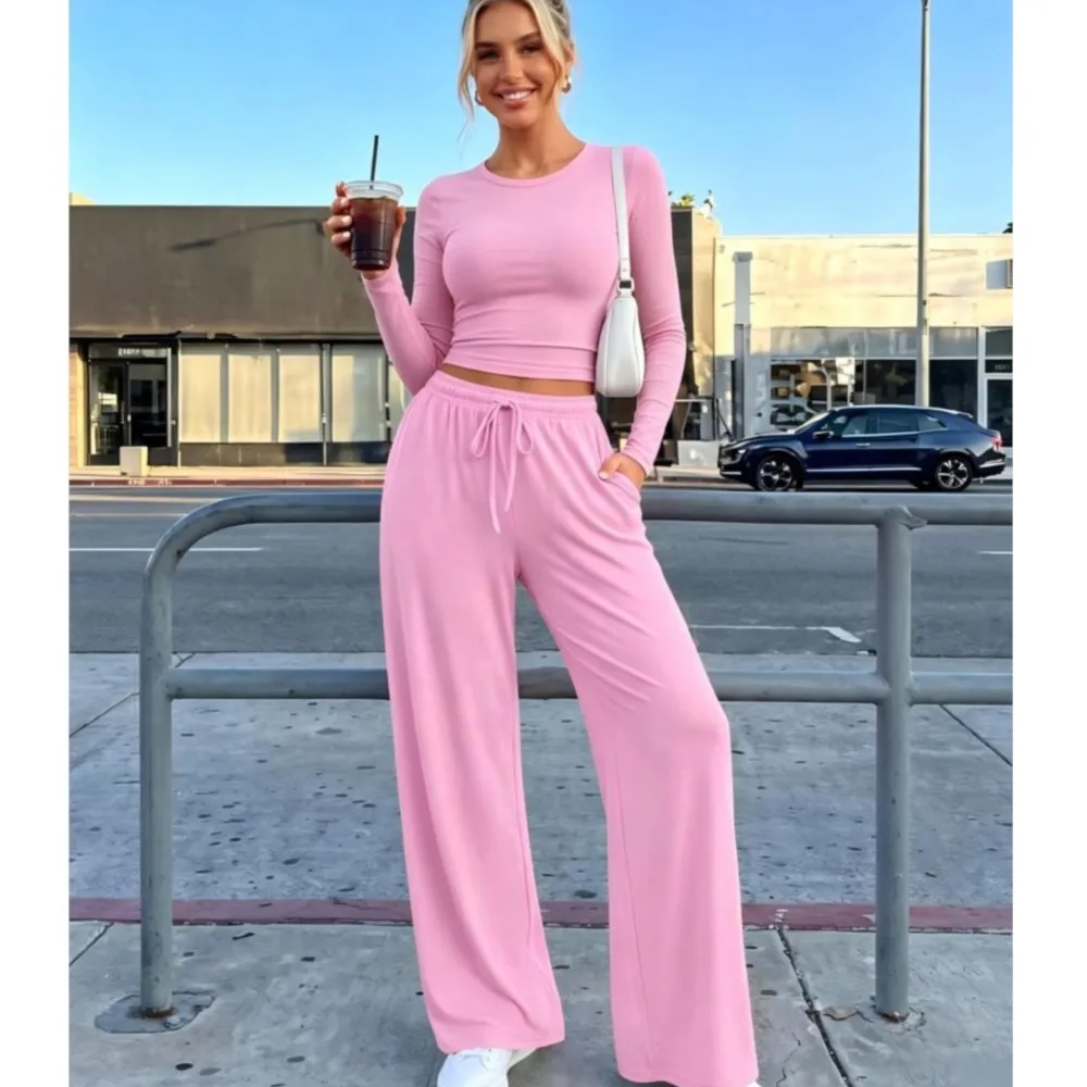 Autumn New Casual O Neck Tight-fitting Long Sleeved T Shirt Top Women Suit Fashion Drawstring Tie Wide Leg Trousers 2 Piece Suit