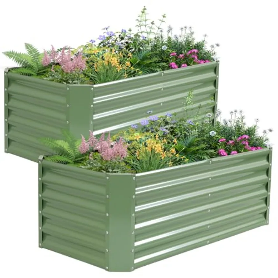 Outdoor Galvanized Steel Raised Garden Bed, Green, 4X2X1.4FT, 2-Pack, With Bracing Rods, Safety Edging, Gloves, Bottomless Desi