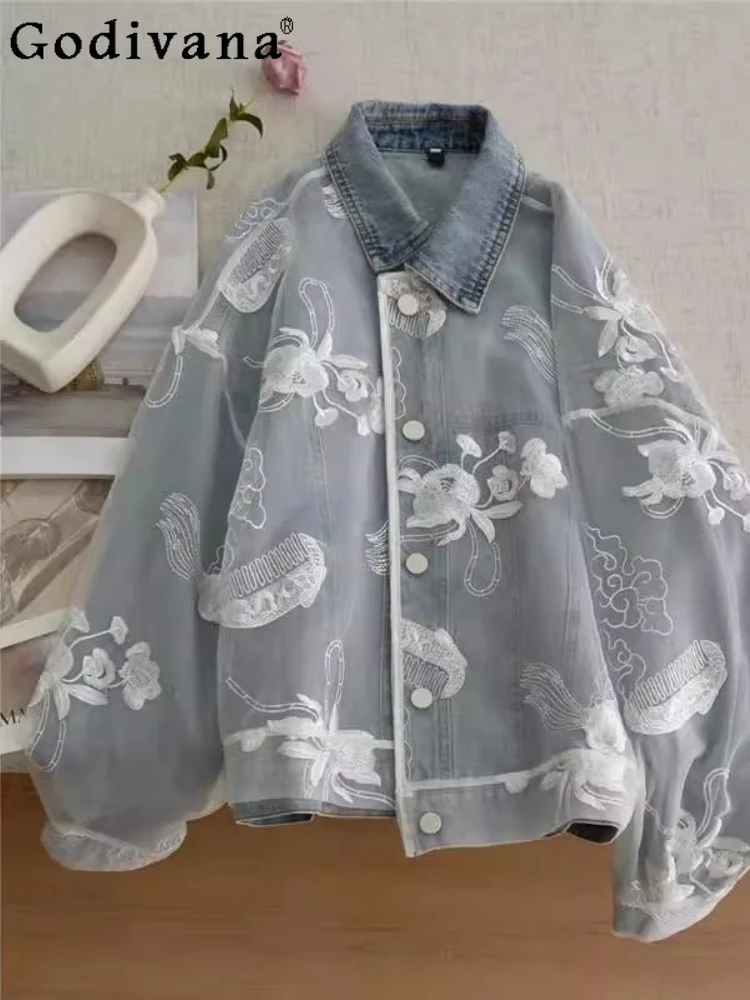 

Джинсовая куртка больших размеров для девочек на весну и осень с вышивкой и длинными рукавами в стиле ретро, свободный модный универсальный возрастной топ для отдыха