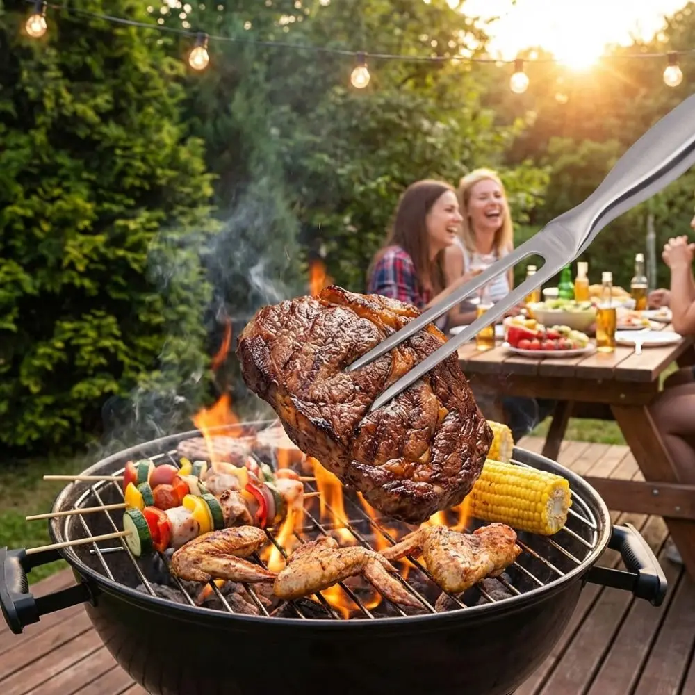 

Stainless Steel BBQ Grill Fork Heat Resistant Thickened Handle Grill Skewers Extended Length 2-Fork BBQ Utensils Camping Picnic